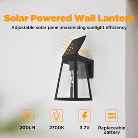 LUTEC 2 Pack Solar Porch Light, Wireless Dusk to Dawn Outdoor Wall Lights Fixture with Adjustable Solar Panel, Black Wall Sconce, Waterproof Exterior Lighting with Clear Glass for Entryway Garage