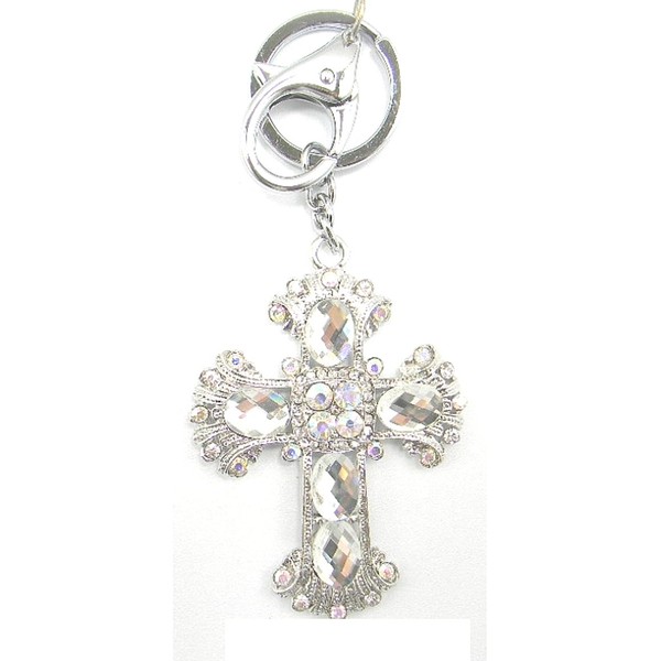 Large Rhinestone Crystal Cross Key Ring Chain Holder Finder Pendant