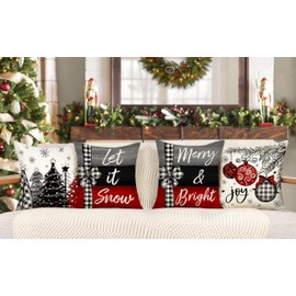 4TH Emotion Christmas Throw Pillow Covers 18 x 18 Inch Set of 4, Xmas Tree Winter Farmhouse Holiday Merry Bright Cushion Case for Home Couch Decoration S23C23