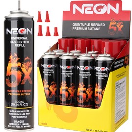 NEON Butane Fuel 300ml, 5X Premium Refined Butane Refill for Torch Lighter, 0 Impurities Lighter Fluid with Metal Nozzle & 5 Butane Gas Refill Adapters for Culinary, Welding, and DIY (12 Cans)