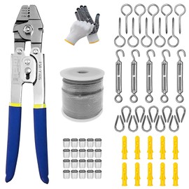 Wire Rope Crimping Tool Stainless Steel Wire Rope Sleeve Crimper Loop Tool Kit With 165FT Stainless Steel Wire Rope 10PCS Crimping Loop Sleeve Supporting Accessories and 5PCS Hook Tensioner