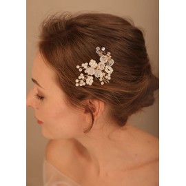 Deniferymakeup Flower Wedding Hair Comb Gold Pearls Hair Side Comb Bridal Crystal Hair Clips Hairpieces Wedding Hair Accessories for Brides and Bridesmaids