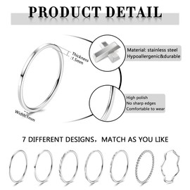 SAILIMUE 7 Pcs 1MM Stainless Steel Rings for Women Men Fashion Simple Plain Knuckle Stacking Midi Thumb Dainty Thin Stackable Statement Band Rings Set Size 5-11 Silver Tone