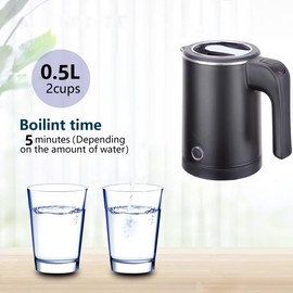 0.5L Small Portable Electric Tea Kettle Stainless Steel, Travel Mini Electric Coffee Kettle, Hot Water Boiler Heater for Business Trip, Camping, Travel, Office (Black)