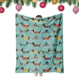 Satiskid Christmas Blanket Throw, 100 x 150cm Blue Dachshund Home Decorative Blanket, Warm Flannel Blanket for Sofa Couch Bed Travel, Warm Cozy Christmas Blanket (Blue)