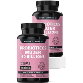 2 X Probióticos Mujer 60 Billion + Prebióticos (prebiotic) + Inulina De Agave 12 Cepas Beyond Vitamins - Probióticos Femeninos - Flora- Fibra - 60 Cáp