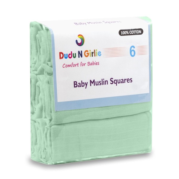 DUDU N GIRLIE Newborn Essentials Muslin Squares Baby Muslin Cloths | Washcloths Baby Face Towel 100% Cotton Soft and Absorbent | Burp Cloths Swaddle Blanket Extra Large 70x70cm (Pack of 6, Mint)