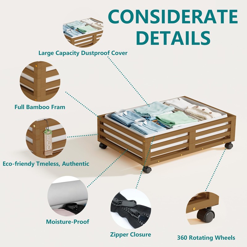 Wisuce Bamboo Under Bed Storage Containers- Underbed Organizer with Wheels