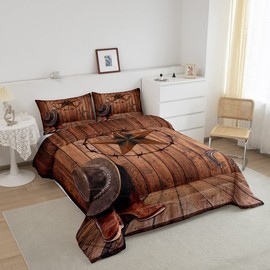 Manfei Western Texas Star Kids Comforter Set Twin Size,Cowboy Horseshoe Old Wooden Door Bedding Set,Girls Boys Adults Room Decor,Rustic Farmhouse Down Comforter,Brown Retro Duvet Insert,1 Pillowcase