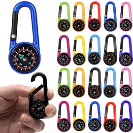Snowtain Pack of 20 compass key rings, colourful carabiner compass plastic compass clips, compass carabiner compass with carabiner hook for outdoor hiking, wild camping, party toys for children.