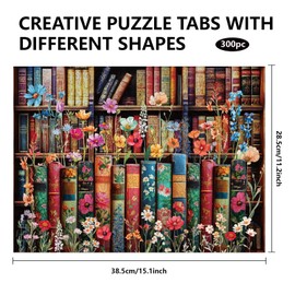GLOBLELAND 300Pcs Books Wild Flowers Wooden Jigsaw Puzzles for Toddler Children Learning Colorful Bookshelf Jigsaw Puzzles for Preschool Learning Birthday Gifts