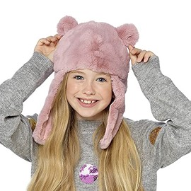 Thingimijigs Girls Pink Faux Fur Hat with Ears and Chin Strap (3-5 Years)