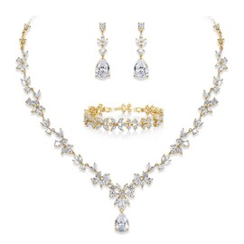 EVER FAITH Wedding Jewelry Sets for Bridal,14K Gold Plated Flower Leaf Teardrop Cubic Zirconia Necklace Dangle Earrings Bracelet Set for Women Bridesmaid