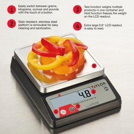 Taylor TE10FT 11-Pound Commercial Digital Portion Control Scale, 11 lb (5 kg) in 0.1 oz (1 g) Food and Cooking Scale, Tare and Hold Function, NSF, Stainless Steel Platform