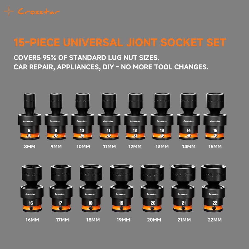 Crosstar 15-Piece Swivel Socket Set - 3/8" Drive Universal Impact