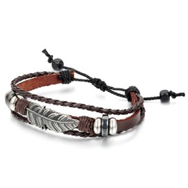 JewelryWe 2pcs Unisex Adjustable Black Brown Leather Feather Bangle Charm Bracelets