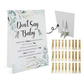 Greenery Don't Say Baby Game （1 Sign And 50 Mini Natural Clothespins） Don't Say Baby Baby Shower Game, Baby Shower Decorations, Baby Shower Games Gender Neutral, Garden Baby Shower Game (DS08)