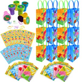 Tiny Mills Dinosaur Birthday Party Assortment Favor Set of 108 pcs (12 Large Party Favor Treat Bags with Handles, 24 Self-Ink Stamps for Kids, 12 Sticker Sheets, 12 Coloring Books, 48 Crayons)