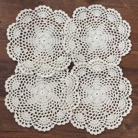 Gracebuy Pack of 4PCS Beige 7 Inch 100% Cotton HANDMADE Crochet Lace Placemats Coasters