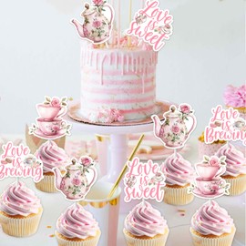 Jollyboom Tea Party Bridal Shower Decorations, 36pcs Love is Brewing Bridal Shower Decorations Cupcake Toppers Double-sided Printing for Bride to Be Themed Bachelorette Engagement Party Supplies Woman