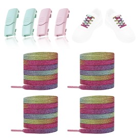 LT Easiyl 2 Pairs No Tie Shoe Laces Elastic Tieless Shoelace Rainbow Colored Shoelaces & Pink + Green Magnetic Buckle fits Sneakers Canvas Casual Shoes Boots