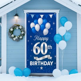 IVN 60th Birthday Door Cover 71x35 Inch Blue Silver Banner with Balloons Stars and Streamers for Party Decorations Backdrop Sign for Boys Girls Photo Booth Prop Wall Decor