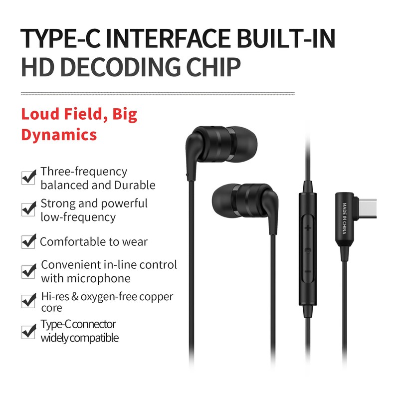 SoundMAGIC E80D USB-C インイヤーステレオヘッドホン、L字型プラグ、インラインコントローラー、メタルハウジング、10mmダイナミックドライバー、防水、防塵、ブラック。
