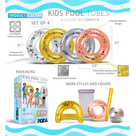 POZA 4 Pack Inflatable Pool Floats for Kids - Sparkling Confetti-Filled Swimming Rings Floating Tubes in Pearl, Gold, Silver, and Rose Gold; Kids Pool Float Toys for Beach, Lake, Pool Party - 23 inch