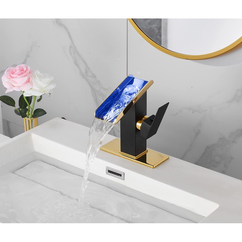 One Hole Bathroom Faucets LED Waterfall Spout Black and Gold