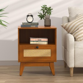 Ryvorbe Modern Rattan Nightstand Wood Side Table with Natural Rattan Drawer- Boho Nightstand with Solid Wood Legs for Bedroom, Living Room and Small Spaces