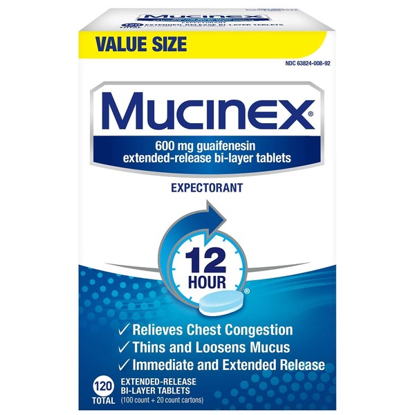 Mucinex 12 Hour Maximum Strength Chest Congestion Expectorant Tablets, 600mg Guaifenesin with Extended Relief, Pack of 1, 120 Count