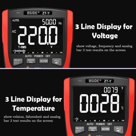 BSIDE EBTN LCD Multimeter 3-Line Display 9999 Counts True RMS Auto-Ranging Voltmeter Capacitance Temperature Voltage Amp Hz Ohm Duty Cycle Square Wave Output VFC Tester with Flashlight & Analog Bar