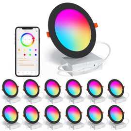SikSog Black Smart Recessed Lighting 6 Inch RGBCW Color Changing 16W LED Downlight with Junction Box,1350 Lumen Recessed Ceiling Light Compatible with Alexa,Dimmable by Bluetooth Control -12Pack