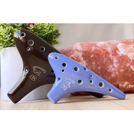 Focalink 12 Holes Alto C + Soprano C Ceramic Ocarina - Easy to Learn, Good for Beginner (Brown/Blue)