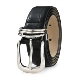 RISANTRY Women's Black Crocodile Belt with Silver Buckle Elegant Leather Alligator Waist Belt for Dress & Casual Wear