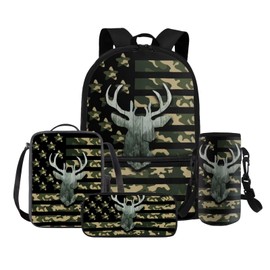 Rnyleeg Hunting Deer Camo Backpack for Boys 8-10 with Lunchbox Lightweight American Flag Boys Backpack 10-12 Years Old 4pcs Kids Bookbag Set for Elementary Casual Travel Daypack