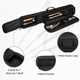 Rexmica 1x1 Billard Queue Tasche für bis zu 1 Unterteile und 1 Schäfte, Billiardstock Tasche mit abnehmbarem Schultergurt und vordere Zubehörtasche, Schwarz