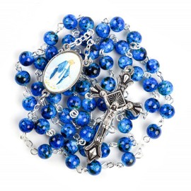 Kuesn Amethyst Catholic Rosary Necklace 6mm Purple Pearl Beads Rose Flower Cross Religious Necklace (Sapphire Blue)