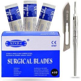 100 Blades #10 Scalpel Blades for Knife Scalpel High Carbon Steel Dermablade Blades Individually Wrapped Sterile + 1 Adjustable Scalpel Handle #3 with 180° Rotation Blade Holder for Precise Cutting