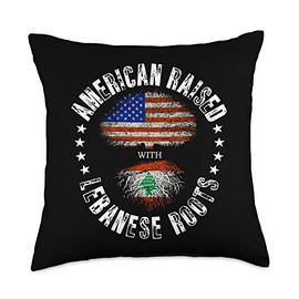 American Raised with roots of native country gifts Vintage USA Flag American Raised with Lebanese Roots Throw Pillow, 18x18, Multicolor