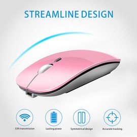 Uciefy Q5 Slim Rechargeable Wireless Mouse, 2.4G Portable Optical Silent Ultra Thin Wireless Computer Mouse with USB Receiver and Type C Adapter, Compatible with PC, Laptop, Desktop (Pink)