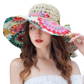 Summer Straw Hat Women Wide Brim Beach Sun Hat Summer Reversible Hat with Removable Strap Flower Ribbon UPF 50+