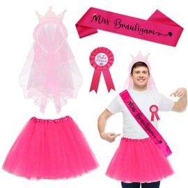 JOKILY JGA Costume Set, Men's Stag Night Costume, Party Bag with Pink Veil Crown Headband, Pink Tulle Skirt, Stag Sash, Best Husband Badge Accessories Decoration