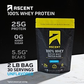 Ascent Ascent 100% Whey Protein Powder, Unflavored 2 lb & Hydration + Energy Electrolytes, Orange Mango 40 Servings