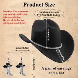 Cowboy Hats for Women Set,Classic Black Western Rhinestone Cowboy Hat and Rhinestone Earing,Western Bling Cowgirl Hat Set,for Women Cosplay Disco Music Party and Rodeo Party(Size M)