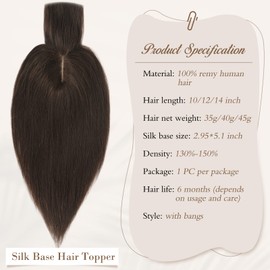 RUWISS Real Hair Topper for Women, Crown Toppers with Fringe, Short Wigs, Hairpieces for Thin Hair, 7.5 x 13 cm, Silk Base, 100% Real Human Hair Clip in Topper, 35 cm, 45 g (Dark Brown)