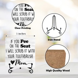 5'' Bathroom Wooden Sign With Metal Stand - If You Pee On The Seat I Will Scrub It With Your Toothbrush - Rustic Funny Wooden Plaque Tabletop Gifts - Home Toilets Restroom Shelf Decor & Supplies-A24