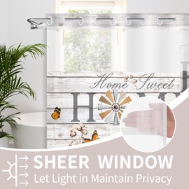Uhexoyo Sweet Home No Hook Bathroom Shower Curtain, Farmhouse Cotton Rustic Shower Curtain Bathroom Decor,with See Through Mesh Top Window,71X74in