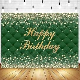 InMemory Glitter Gold Green Happy Birthday Backdrop Golden Diamonds Dots Photo Portrait Photography Background for Men Women Bday Prom Party Decorations Banner 7x5ft