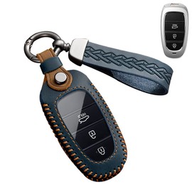 ontto Leather Car key fob cover fit for Hyundai Tucson NX4 Ioniq 5 Nexo Solaris Santa Fe TM Sonata DN8 2020-2022 Keychain Keyring Accessories remote key case key holder Protector Blue